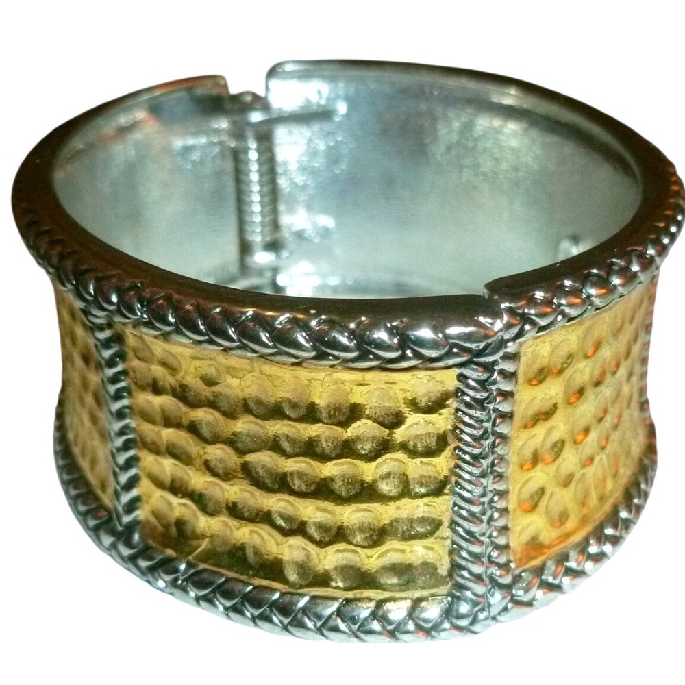 Premier Designs Two Tone Hammered Hinged Cuff Bracelet Gold Silver Rope Vtg